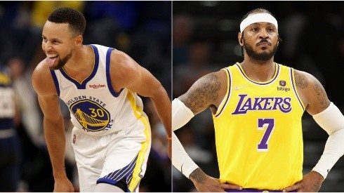 Stephen Curry of the Golden State Warriors (left) and Carmelo Anthony of the Los Angeles Lakers (right)