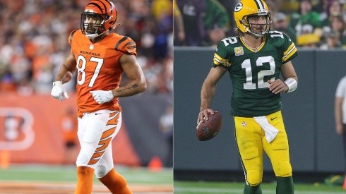 C.J. Uzoman of Bengals (left) and  Aaron Rodgers of the Green Bay Packers