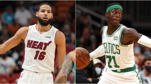 Caleb Martin of the Miami Heat (left) and Dennis Schroder of the Boston Celtics  (right)