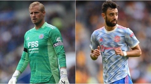 Kasper Schmeichel of Leicester (left) and Bruno Fernandes of Manchester United (right)