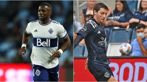 Cristian Dajome of Vancouver Whitecaps (left) and Ilie Sanchez of Sporting Kansas City