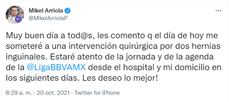 Mikel Arriola será operado este miércoles