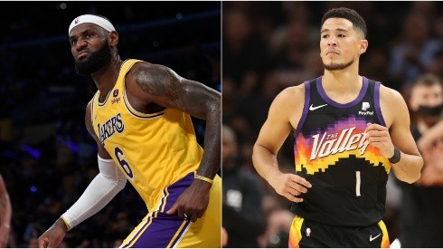 LeBron James of the Los Angeles Lakers (left) and Devin Booker of the Phoenix Suns (right)
