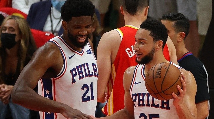 Ben Simmons #25 and Joel Embiid #21 of the Philadelphia 76ers