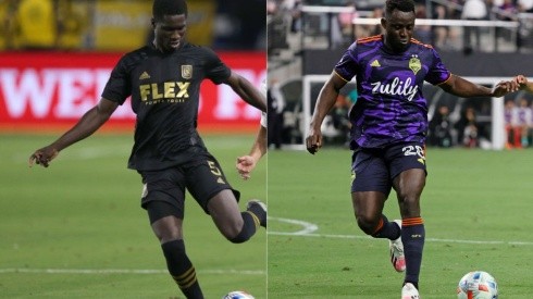 Mamadou Fall of LAFC (left) and Yeimar Gomez Andrade of the Sounders