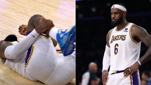 LeBron James grabbing his right leg due to ankle pain (left) during the game against the Grizzlies, but he did play the entire game.