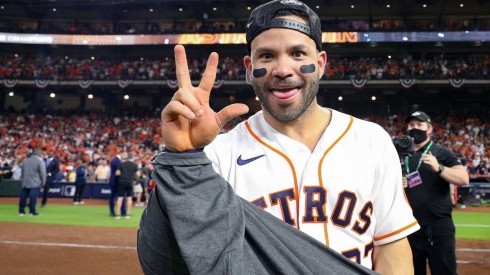 Jose Altuve of the Houston Astros after winning the ALCS vs the Boston Red Sox for the 2021 MLB postseason