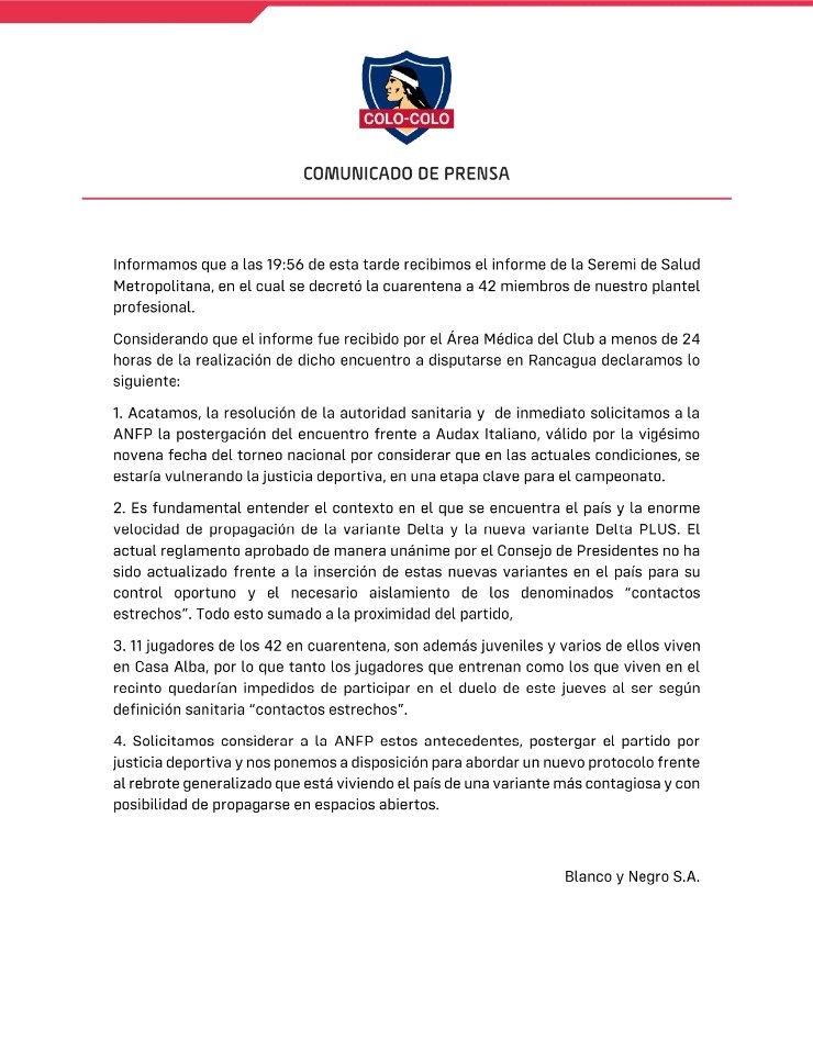 Colo Colo pide postergación del partido ante Audax por la fecha 29 del Torneo