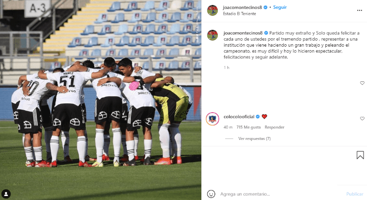 Joaquín Montecinos felicita a Colo Colo