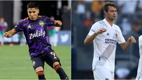 Raul Ruidiaz of Seattle Sounders (left) and Nick DePuy of LA Galaxy (right)