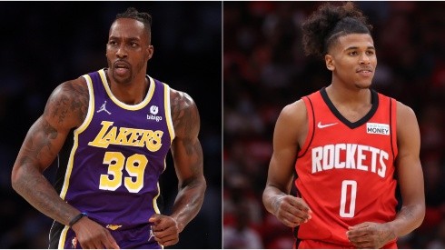 Dwight Howard of the Los Angeles Lakers (left) and Jalen Green of the Houston Rockets (right)