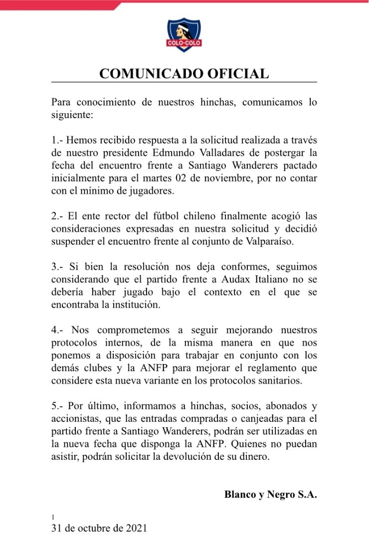 Posterga el encuentro entre Colo Colo y Santiago Wanderers