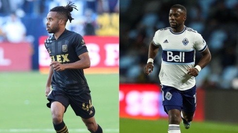 Raheem Edwards of Los Angeles Football Club (left) and Cristian Dajome of Vancouver Whitecaps