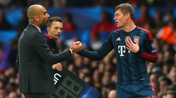 Pep Guardiola and Toni Kroos when they worked together at Bayern Munich. (Alex Livesey/Getty Images)