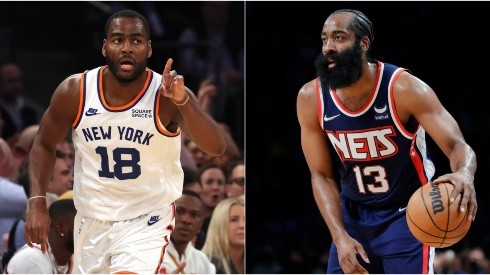 Alec Burks of the New York Knicks (left) and James Harden of the Brooklyn Nets (right)