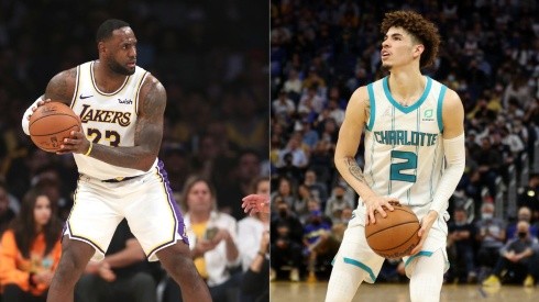 LeBron James of the Lakers (left) and LaMelo Ball of the Hornets