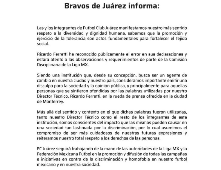 Comunicado de Juárez por Tuca. (@fcjuarezoficial)