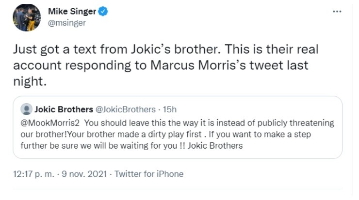 Respondieron los hermanos Jokic. (@msinger en Twitter)