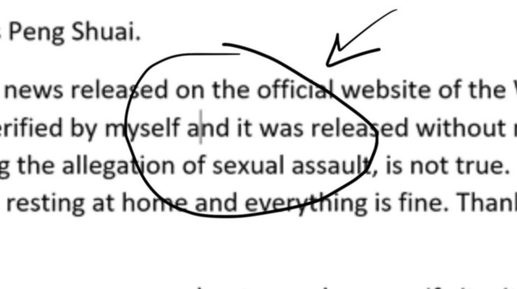 El detalle del hipotético mensaje de Peng que provocó la sospecha de la WTA