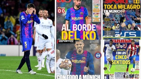 Algunas de las portadas tras el empate de Barcelona anoche por la Champions.
