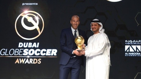Zinedine Zidane receives the Best Club of the Year Award on behalf of Real Madrid in the 2017 Globe Soccer Awards.