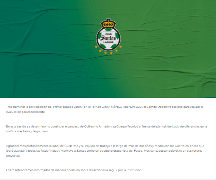 Comunicado oficial: Santos Laguna echó a Guillermo Almada