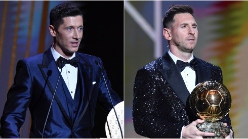 Robert Lewandowski (left) and Lionel Messi in the 2021 Ballon d'Or ceremony.
