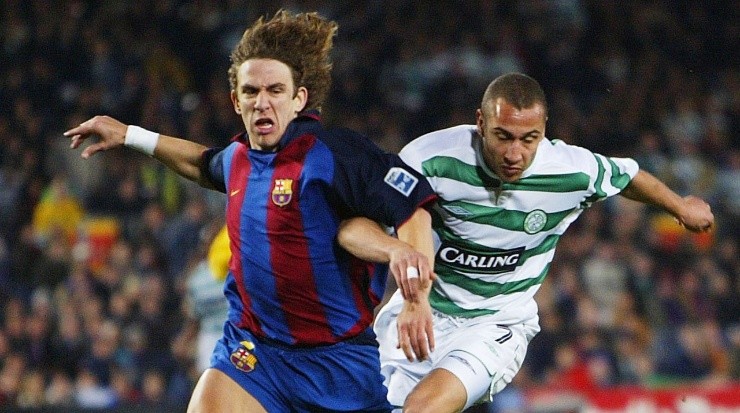 Carles Puyol of Barcelona (left) against Henrik Larsson of Celtic during the 2003-04 UEFA Cup. (Clive Mason/Getty Images)