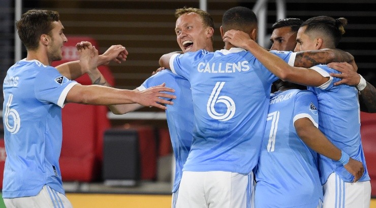 New York City FC players celebrate after scoring a goal. (Patrick McDermott/Getty Images)