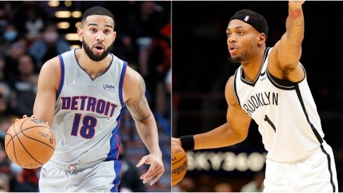 Cory Joseph of the Detroit Pistons (left) and  Bruce Brown of the Brooklyn Nets (right)