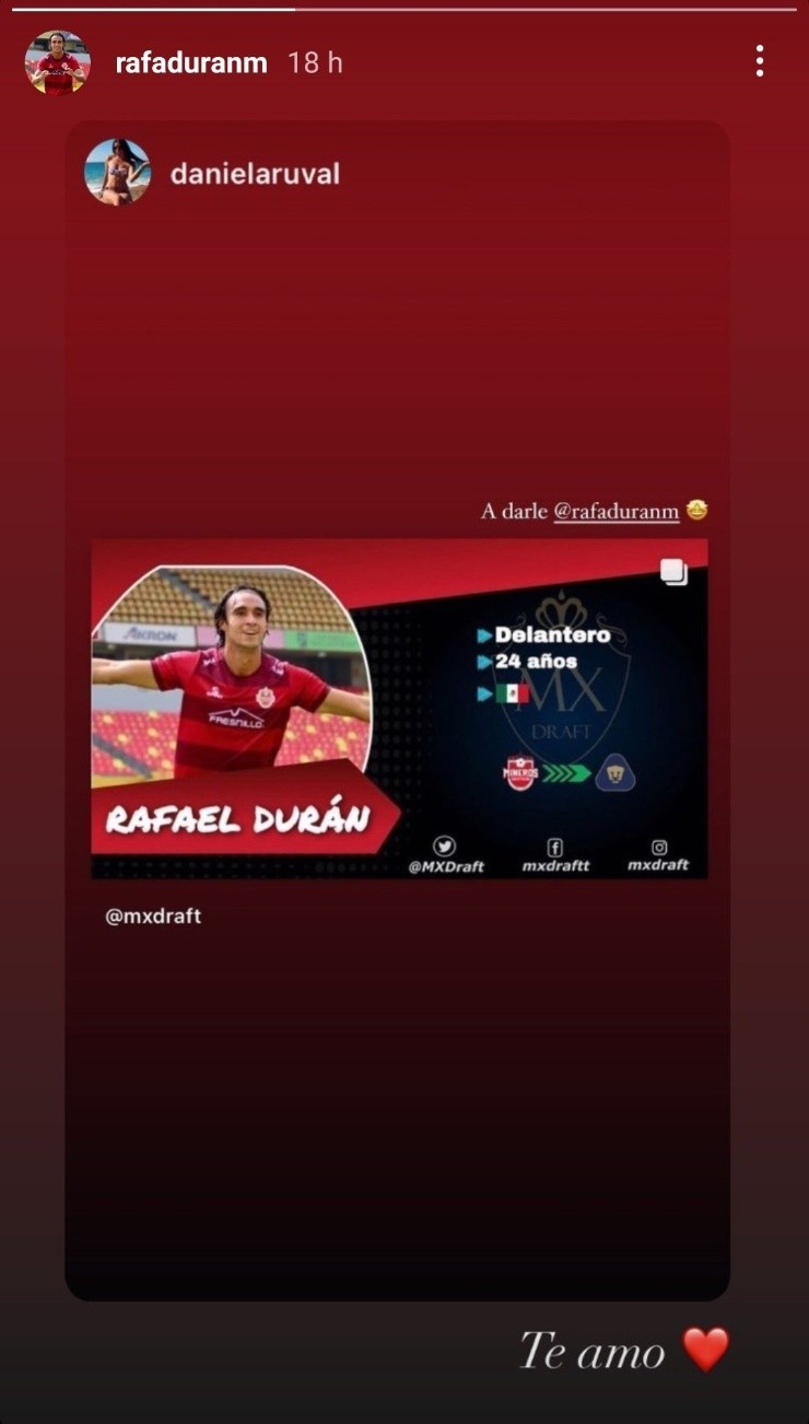 La historia que compartió Durán en su cuenta de Instagram (@rafaduranm)