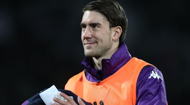 Dusan Vlahovic of ACF Fiorentina reacts during the Coppa Itaia match (Photo by Gabriele Maltinti/Getty Images)