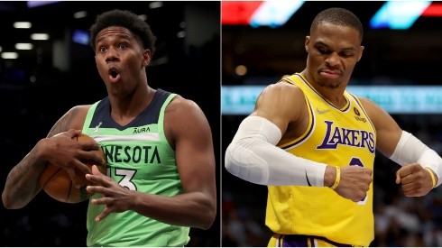 Nathan Knight of the Minnesota Timberwolves (left) and Russell Westbrook of the Los Angeles Lakers (right)