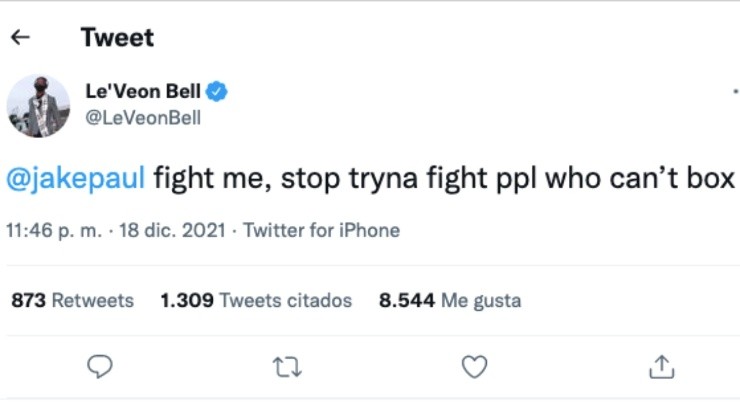 Le&#039;Veon Bell&#039;s controversial tweet to Jake Paul. (Twitter: @LeVeonBell)