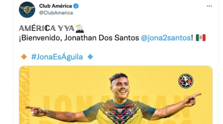 America has announced Jonathan dos Santos&#039; incorporation to the club on its social media. (Twitter: @clubamerica)