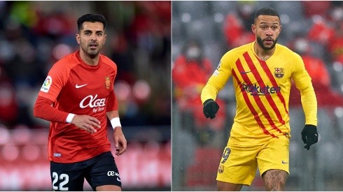 Angel Rodriguez of RCD Mallorca (left) and Memphis Depay of FC Barcelona (right)