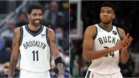 Kyrie Irving of the Brooklyn Nets (left) and Giannis Antetokounmpo of the Milwaukee Bucks (right)