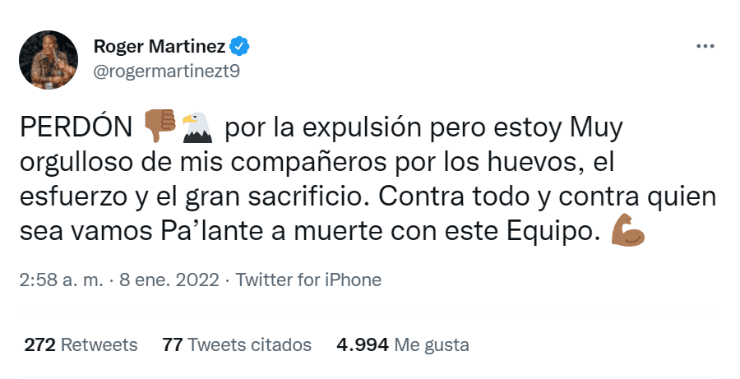 El pedido de disculpas de Roger Martínez (Twitter @rogermartinezt9)