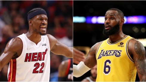 Jimmy Butler of the Miami Heat and LeBron James of the Los Angeles Lakers