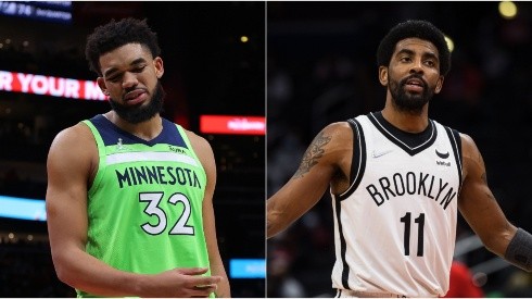 Karl-Anthony Towns of the Minnesota Timberwolves and Kyrie Irving of the Brooklyn Nets