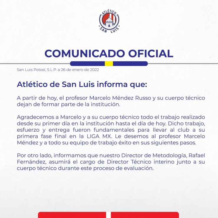 Primer DT cesado de la Liga MX (Foto: @AtletideSanLuis)