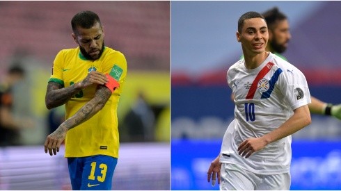 Dani Alves of Brazil and Miguel Almiron of Paraguay