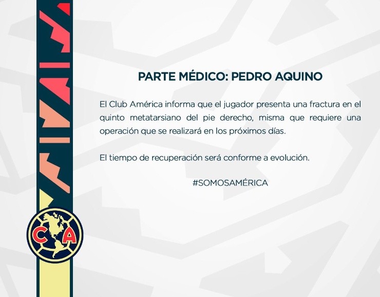 El comunicado sobre Pedro Aquino (Twitter @ClubAmerica)