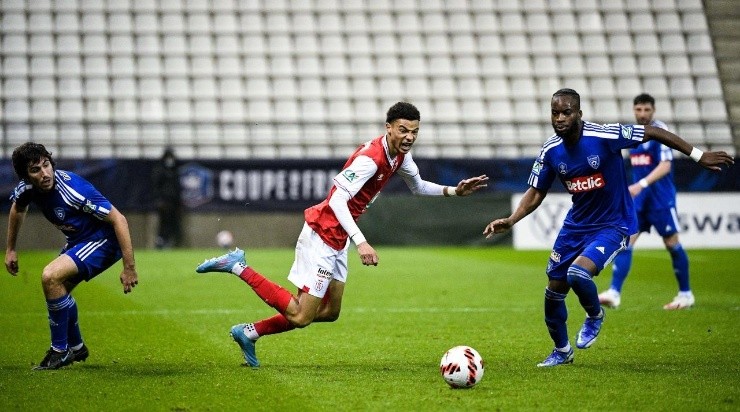Hugo EKITIKE (sdr) during the French Cup match between Reims and SC Bastia (Photo by Christophe Saidi/FEP/Icon Sport via Getty Images)