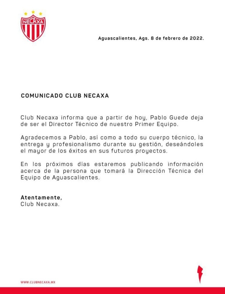 El comunicado oficial de los Rayos (Twitter @ClubNecaxa)