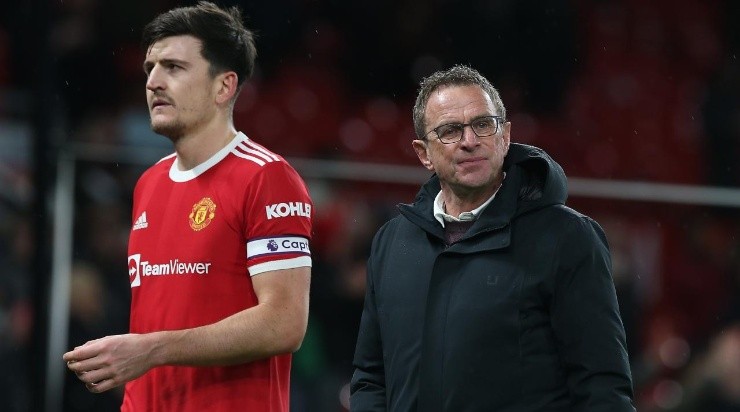Harry Maguire and Interim Manager Ralf Rangnick of Manchester United (Photo by Matthew Peters/Manchester United via Getty Images)