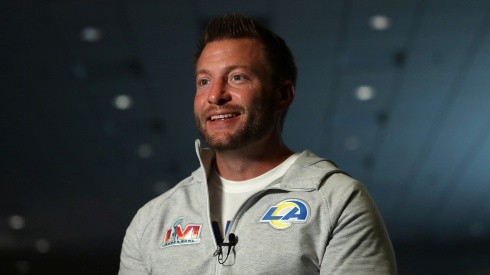 LOS ANGELES, CALIFORNIA - FEBRUARY 14: Head coach Sean McVay of the Los Angeles Rams speaks to the media during the Super Bowl LVI head coach and MVP press conference at Los Angeles Convention Center on February 14, 2022 in Los Angeles, California. (Photo by Katelyn Mulcahy/Getty Images)-Not Released (NR)