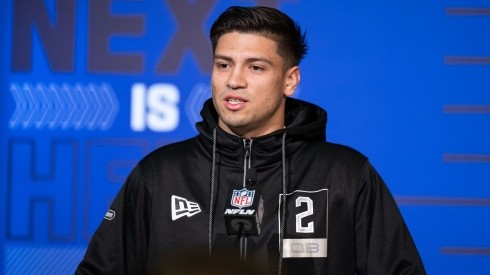 Matt Corral talking to the media during the NFL Scouting Combine.