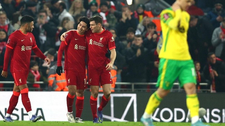 Liverpool en festejo de gol ante Norwich.