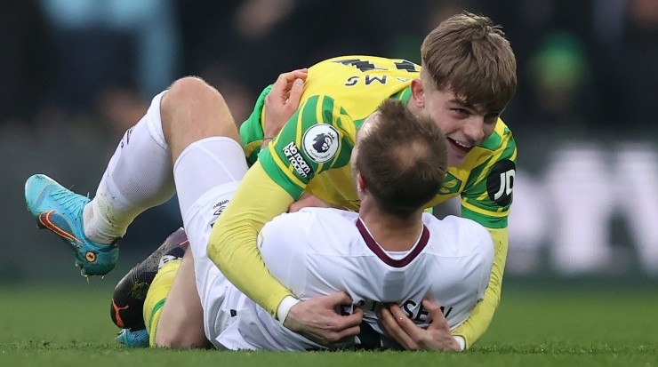Christian Eriksen of Brentford and Brandon Williams of Norwich. (Julian Finney/Getty Images)
